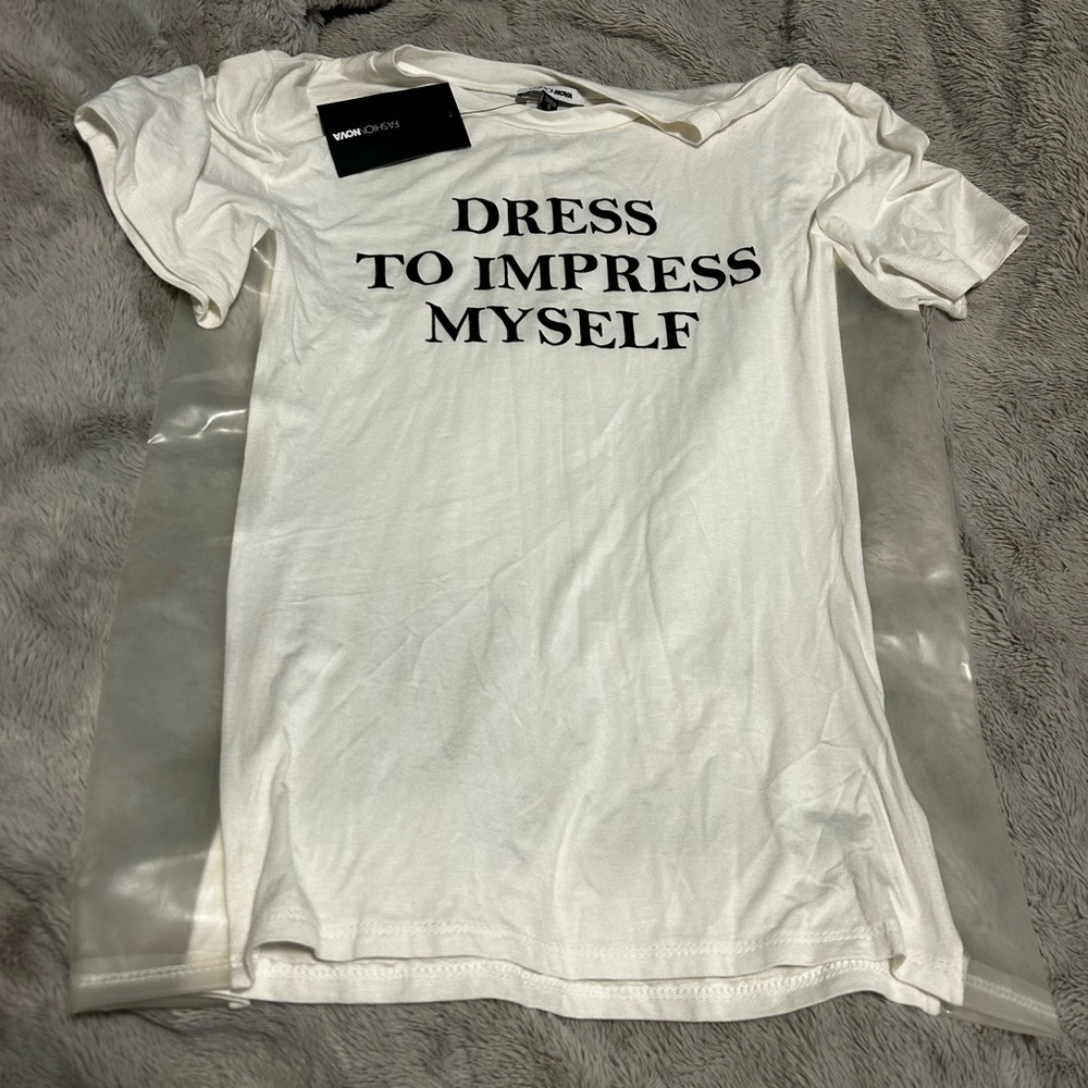 Fashion Nova White Short Sleeve Tee with Black Text